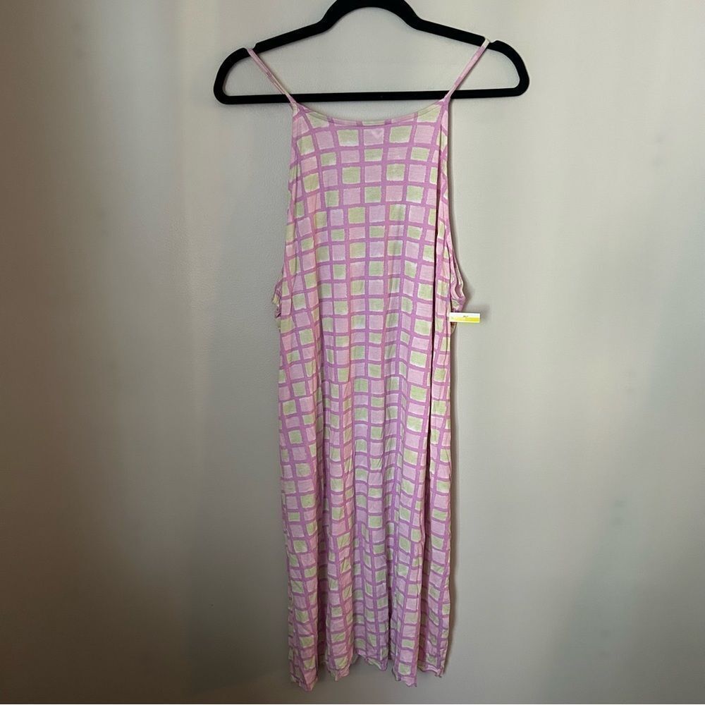 BP Dress Midi Sun Dress Grid Pink Purple Green White Lettuce Edge Casual Summer - Picture 11 of 11